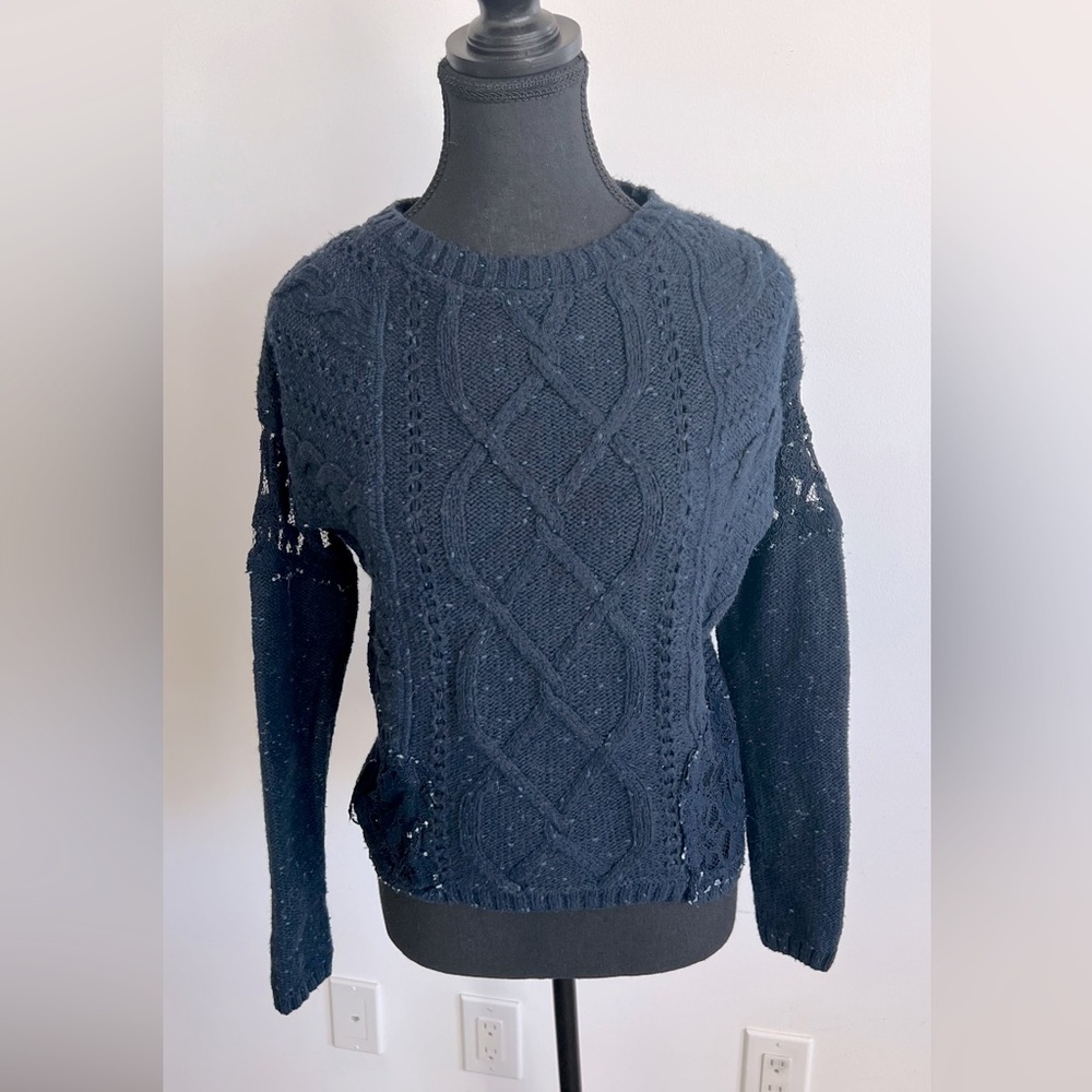 Super cute navy blue sweater with lace details on sleeves and sides-Size M US
